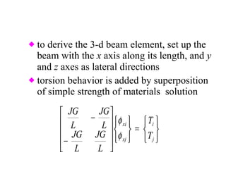 to derive the 3-d beam element, set up the beam with the  x  axis along its length, and  y  and  z  axes as lateral directions torsion behavior is added by superposition of simple strength of materials  solution 