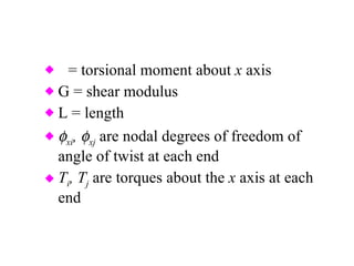 J  = torsional moment about  x  axis G = shear modulus L = length  xi ,   xj   are nodal degrees of freedom of angle of twist at each end T i , T j  are torques about the  x  axis at each end 