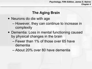 The Aging Brain Neurons do die with age However, they can continue to increase in complexity Dementia: Loss in mental functioning caused by physical changes in the brain Fewer than 1% of those over 65 have dementia About 20% over 80 have dementia 