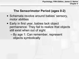 The Sensorimotor Period (ages 0-2) Schemata revolve around babies’ sensory, motor abilities Early in first year, babies lack object permanence: They fail to realize that objects still exist when out of sight By age 1: Can remember, represent objects symbolically 