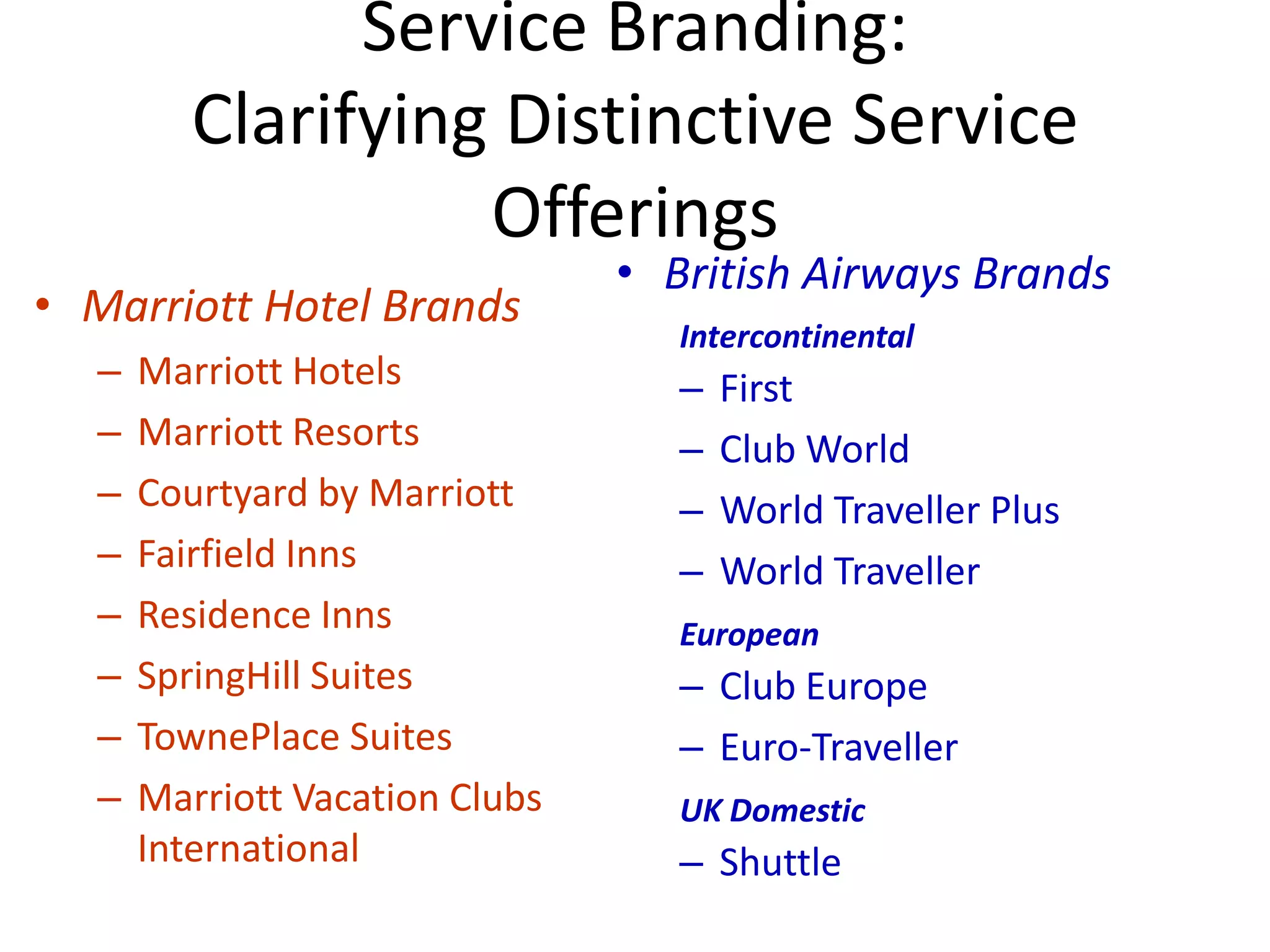 Service Branding:
         Clarifying Distinctive Service
                   Offerings
                                • British Airways Brands
• Marriott Hotel Brands
                                   Intercontinental
  –   Marriott Hotels              –   First
  –   Marriott Resorts             –   Club World
  –   Courtyard by Marriott        –   World Traveller Plus
  –   Fairfield Inns               –   World Traveller
  –   Residence Inns               European
  –   SpringHill Suites            – Club Europe
  –   TownePlace Suites            – Euro-Traveller
  –   Marriott Vacation Clubs      UK Domestic
      International                – Shuttle
 
