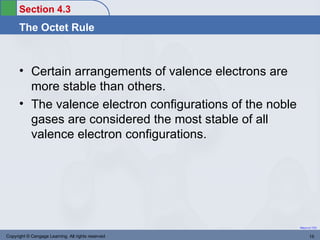 Section 4.3
      The Octet Rule



      • Certain arrangements of valence electrons are
        more stable than others.
      • The valence electron configurations of the noble
        gases are considered the most stable of all
        valence electron configurations.




                                                           Return to TOC


Copyright © Cengage Learning. All rights reserved                 15
 
