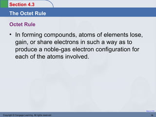 Section 4.3
      The Octet Rule

      Octet Rule
      • In forming compounds, atoms of elements lose,
        gain, or share electrons in such a way as to
        produce a noble-gas electron configuration for
        each of the atoms involved.




                                                         Return to TOC


Copyright © Cengage Learning. All rights reserved               16
 
