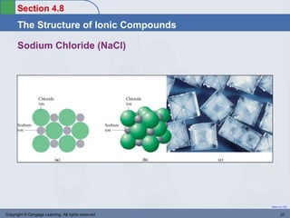 Section 4.8
      The Structure of Ionic Compounds

      Sodium Chloride (NaCl)




                                                    Return to TOC


Copyright © Cengage Learning. All rights reserved          37
 
