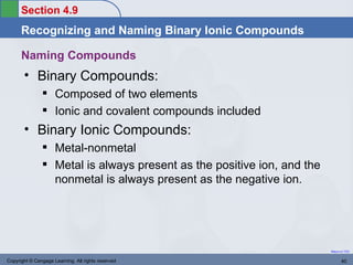 Section 4.9
      Recognizing and Naming Binary Ionic Compounds

      Naming Compounds
       • Binary Compounds:
                Composed of two elements
                Ionic and covalent compounds included
       • Binary Ionic Compounds:
                Metal-nonmetal
                Metal is always present as the positive ion, and the
                 nonmetal is always present as the negative ion.




                                                                        Return to TOC


Copyright © Cengage Learning. All rights reserved                              40
 