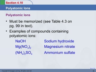 Section 4.10
      Polyatomic Ions

      Polyatomic Ions
      • Must be memorized (see Table 4.3 on
        pg. 99 in text).
      • Examples of compounds containing
        polyatomic ions:
            NaOH           Sodium hydroxide
            Mg(NO3)2       Magnesium nitrate
                      (NH4)2SO4                     Ammonium sulfate


                                                                       Return to TOC


Copyright © Cengage Learning. All rights reserved                             49
 