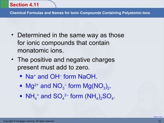 Section 4.11
      Chemical Formulas and Names for Ionic Compounds Containing Polyatomic Ions




       • Determined in the same way as those
         for ionic compounds that contain
         monatomic ions.
       • The positive and negative charges
         present must add to zero.
           Na+ and OH– form NaOH.
           Mg2+ and NO3– form Mg(NO3)2.
                NH4+ and SO42– form (NH4)2SO4.

                                                                                   Return to TOC


Copyright © Cengage Learning. All rights reserved                                         52
 