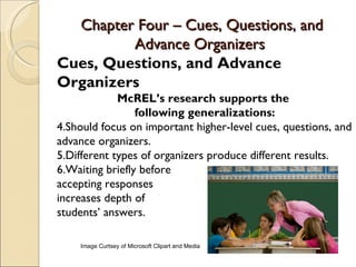 Chapter Four – Cues, Questions, and
         Advance Organizers
Cues, Questions, and Advance
Organizers
             McREL’s research supports the
                 following generalizations:
4.Should focus on important higher-level cues, questions, and
advance organizers.
5.Different types of organizers produce different results.
6.Waiting briefly before
accepting responses
increases depth of
students’ answers.

    Image Curtsey of Microsoft Clipart and Media
 