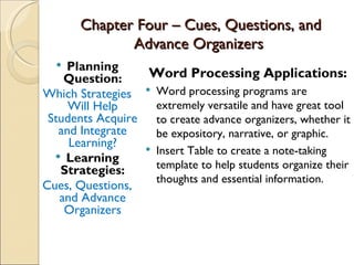 Chapter Four – Cues, Questions, and
              Advance Organizers
   Planning
    Question:     Word Processing Applications:
Which Strategies  Word processing programs are
     Will Help     extremely versatile and have great tool
 Students Acquire to create advance organizers, whether it
   and Integrate   be expository, narrative, or graphic.
     Learning?    Insert Table to create a note-taking
   Learning
   Strategies:     template to help students organize their
                   thoughts and essential information.
Cues, Questions,
   and Advance
    Organizers
 