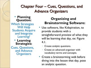 Chapter Four – Cues, Questions, and
             Advance Organizers
   Planning
    Question:                Organizing and
Which Strategies          Brainstorming Software:
     Will Help         Use software, like Kidspiration, to
 Students Acquire       provide students with a
   and Integrate        straightforward preview of what they
     Learning?
                        will be learning that day, ex: Figure
   Learning
                        4.1.
   Strategies:
                        ◦ Create analytic questions.
Cues, Questions,
   and Advance          ◦ Create an advanced organizer with
    Organizers            vocabulary terms and concepts.
                       Create a brainstorming web before
                        diving into the lesson that day, pose
                        an analytic question.
 