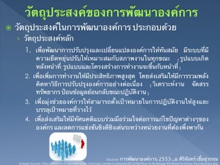 ž    วัตถุประสงค์ในการพัฒนาองค์การ ประกอบด้วย	
      ›  วัตถุประสงค์หลัก	
          1. เพื่อพัฒนาการปรับปรุงและเปลี่ยนแปลงองค์การให้ทันสมัย มีระบบที่มี
                 ความยืดหยุ่นปรับให้เหมาะสมกับสภาพงานในทุกขณะ (รูปแบบเกิด
                 หลังหน้าที:่ รูปแบบและโครงสร้างการทํางานจะขึ้นกับหน้าที่)	
          2. เพื่อเพิ่มการทํางานให้มีประสิทธิภาพสูงสุด โดยส่งเสริมให้มีการรวมพลัง
              คิดหาวิธีการปรับปรุงองค์การอย่างต่อเนื่อง (วิเคราะห์งาน จัดสรร
              ทรัพยากร ป้อนข้อมูลย้อนกลับขณะปฏิบัติงาน)	
          3. เพื่อมุ่งช่วยองค์การให้สามารถตั้งเป้าหมายในการปฏิบัติงานให้สูงและ
              บรรลุเป้าหมายที่วางไว้	
          4. เพื่อส่งเสริมให้มีทัศนคติแบบร่วมมือร่วมใจต่อการแก้ไขปัญหาต่างๆของ
              องค์กร และลดการแข่งขันชิงดีชิงเด่นระหว่างหน่วยงานที่ต้องพึ่งพากัน	




                                                               Source: การพัฒนาองค์การ(2553),อ.ศิริจันทร์ เชื้อสุวรรณ	
       Image Source: http://www.virtualsocialmedia.com/wp-content/uploads/2012/06/How-to-leverage-Pinterest-to-Grow-Your-Business.jpg	
 