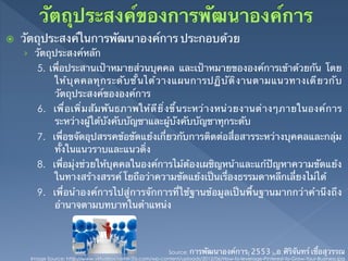 ž    วัตถุประสงค์ในการพัฒนาองค์การ ประกอบด้วย	
      ›  วัตถุประสงค์หลัก	
         5. เพื่อประสานเป้าหมายส่วนบุคคล และเป้าหมายขององค์การเข้าด้วยกัน โดย
             ให้ บ ุ ค คลทุ ก ระดั บ ชั ้ น ได้ ว างแผนการปฏิ บ ั ต ิ ง านตามแนวทางเดี ย วกั บ
             วัตถุประสงค์ขององค์การ	
         6. เพ ื ่ อ เพ ิ ่ ม ส ั ม พ ั น ธภาพให ้ ด ี ย ิ ่ ง ข ึ ้ น ระหว ่ า งหน ่ ว ยงานต ่ า งๆภายในองค ์ ก าร
            ระหว่างผู้ใต้บังคับบัญชาและผู้บังคับบัญชาทุกระดับ	
         7. เพื่อขจัดอุปสรรคข้อขัดแย้งเกี่ยวกับการติดต่อสื่อสารระหว่างบุคคลและกลุ่ม
             ทั้งในแนวราบและแนวดิ่ง	
         8. เพื่อมุ่งช่วยให้บุคคลในองค์การไม้ต้องเผชิญหน้าและแก้ปัญหาความขัดแย้ง
             ในทางสร้างสรรค์ โยถือว่าความขัดแย้งเป็นเรื่องธรรมดาหลีกเลี่ยงไม่ได้	
         9. เพื่อนําองค์การไปสู่การจักการที่ใช้ฐานข้อมูลเป็นพื้นฐานมากกว่าคํานึงถึง
            อํานาจตามบทบาทในตําแหน่ง	
          	


                                                               Source: การพัฒนาองค์การ(2553),อ.ศิริจันทร์ เชื้อสุวรรณ	
       Image Source: http://www.virtualsocialmedia.com/wp-content/uploads/2012/06/How-to-leverage-Pinterest-to-Grow-Your-Business.jpg	
 