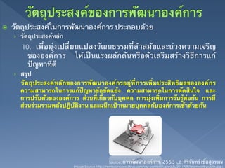 ž    วัตถุประสงค์ในการพัฒนาองค์การ ประกอบด้วย	
      ›  วัตถุประสงค์หลัก	
         10. เพื่อมุ่งเปลี่ยนแปลงวัฒนธรรมที่ล้าสมัยและถ่วงความเจริญ
            ขององค์การ        ให้เป็นแรงผลักดันหรือตัวเสริมสร้างวิธีการแก้
            ปัญหาที่ดี	
      ›  สรุป	
        	
วัตถุประสงค์หลักของการพัฒนาองค์กรอยู่ที่การเพิ่มประสิทธิผลขององค์กร
         ความสามารถในการแก้ปัญหาข้อขัดแย้ง ความสามารถในการตัดสินใจ และ
         การปรับตัวขององค์การ ส่วนที่เกี่ยวกับบุคคล การมุ่งเพิ่มการรับรู้ต่อกัน การมี
         ส่วนร่วมรวมพลังปฏิบัติงาน และผนึกเป้าหมายบุคคลกับองค์การเข้าด้วยกัน	
          	




                                                    Source: การพัฒนาองค์การ(2553),อ.ศิริจันทร์ เชื้อสุวรรณ	
                              Image Source http://remissionconsulting.com/wp-content/uploads/2011/09/teamwork-puzzle.jpg :	
 