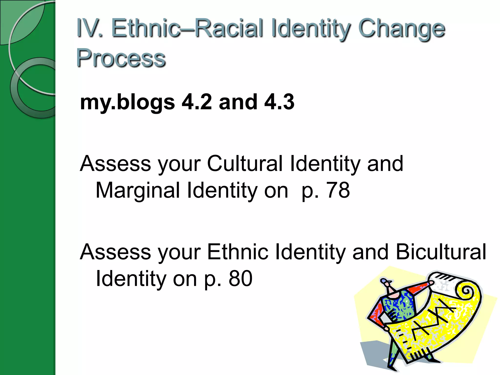IV. Ethnic–Racial Identity Change
Process
my.blogs 4.2 and 4.3

Assess your Cultural Identity and
 Marginal Identity on p. 78

Assess your Ethnic Identity and Bicultural
 Identity on p. 80
 