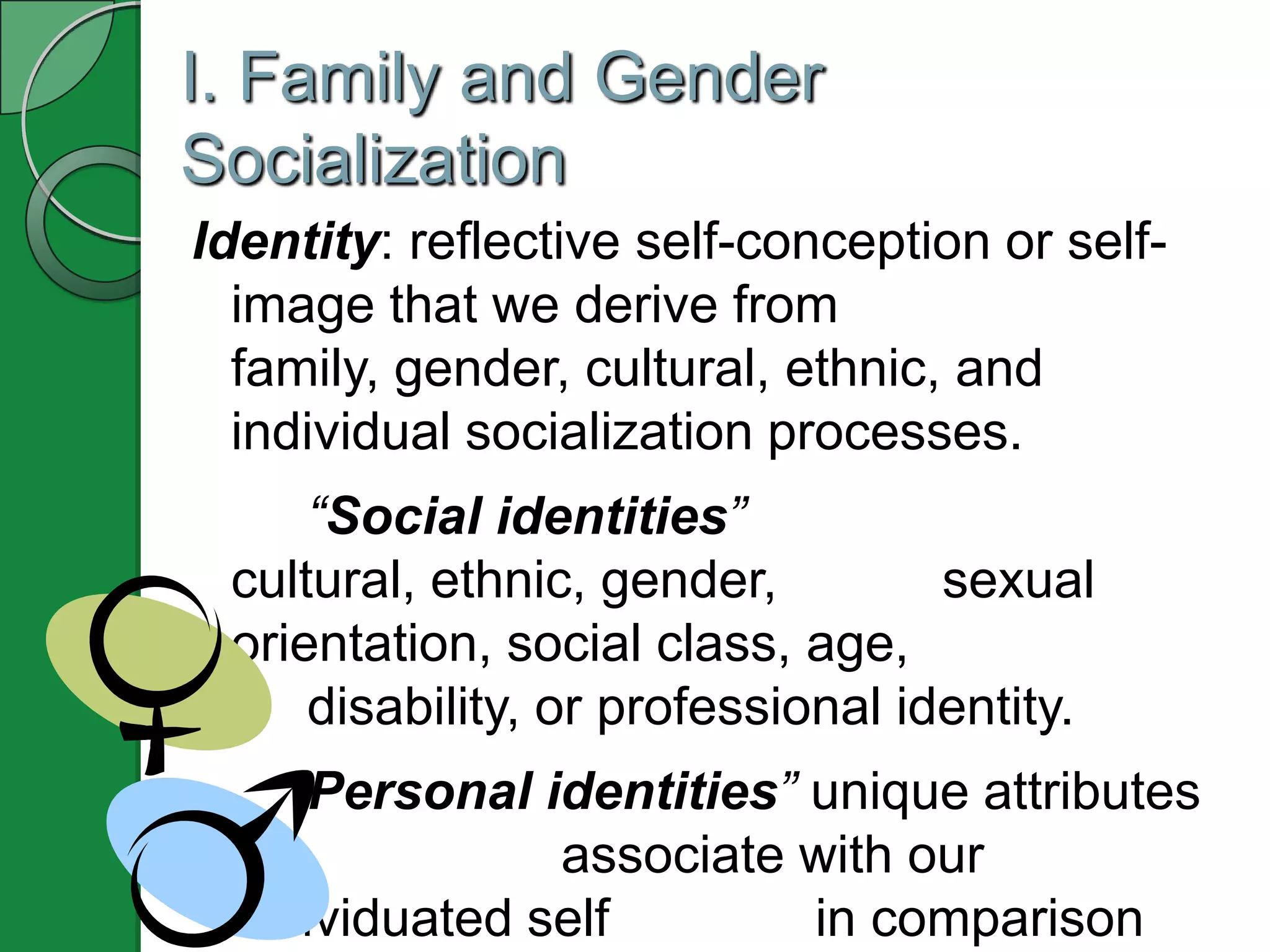 I. Family and Gender
Socialization
Identity: reflective self-conception or self-
  image that we derive from
  family, gender, cultural, ethnic, and
  individual socialization processes.
     “Social identities”
 cultural, ethnic, gender,         sexual
 orientation, social class, age,
     disability, or professional identity.
    “Personal identities” unique attributes
 we            associate with our
 individuated self        in comparison
 