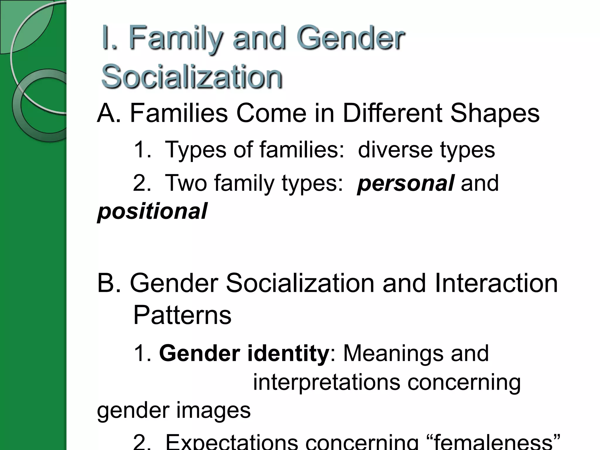I. Family and Gender
Socialization
A. Families Come in Different Shapes
   1. Types of families: diverse types
   2. Two family types: personal and
positional


B. Gender Socialization and Interaction
   Patterns
   1. Gender identity: Meanings and
              interpretations concerning
gender images
 