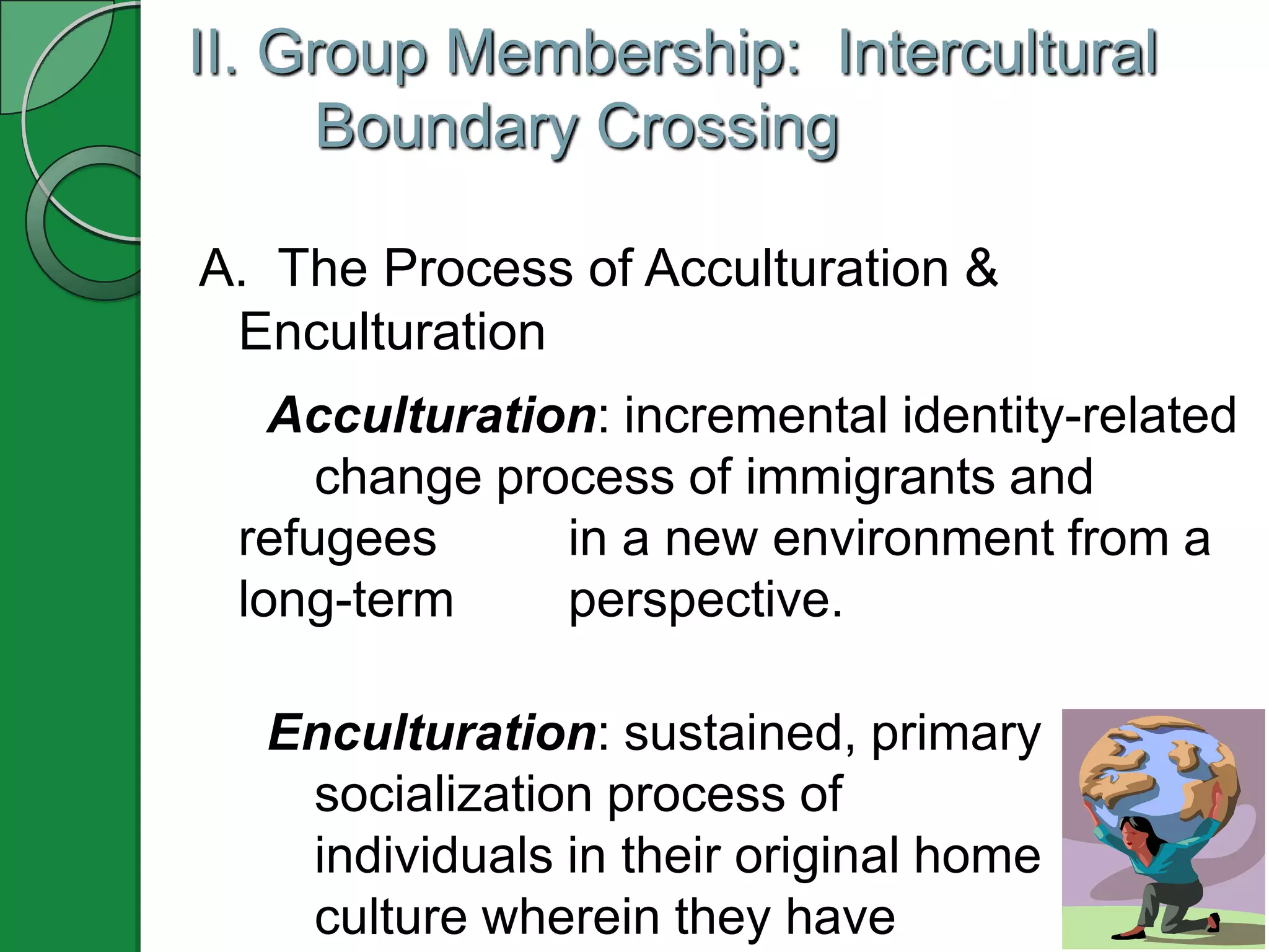 II. Group Membership: Intercultural
      Boundary Crossing

A. The Process of Acculturation &
 Enculturation
   Acculturation: incremental identity-related
     change process of immigrants and
 refugees      in a new environment from a
 long-term     perspective.

  Enculturation: sustained, primary
   socialization process of
   individuals in their original home
   culture wherein they have
 