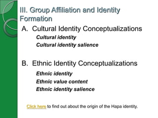 III. Group Affiliation and Identity
Formation
 A. Cultural Identity Conceptualizations
       Cultural identity
       Cultural identity salience


B. Ethnic Identity Conceptualizations
       Ethnic identity
       Ethnic value content
       Ethnic identity salience


  Click here to find out about the origin of the Hapa identity.
 