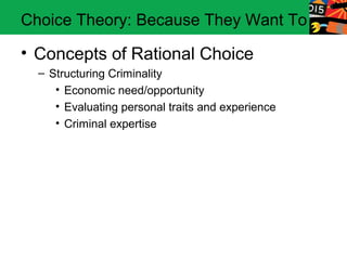 Choice Theory: Because They Want To

• Concepts of Rational Choice
  – Structuring Criminality
     • Economic need/opportunity
     • Evaluating personal traits and experience
     • Criminal expertise
 