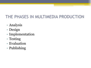 THE PHASES IN MULTIMEDIA PRODUCTION
•   Analysis
•   Design
•   Implementation
•   Testing
•   Evaluation
•   Publishing
 
