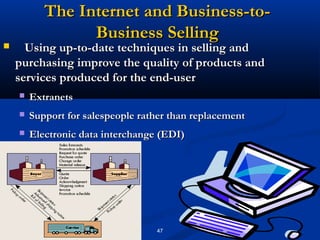 The Internet and Business-to-
                 Business Selling
     Using up-to-date techniques in selling and
    purchasing improve the quality of products and
    services produced for the end-user
       Extranets
       Support for salespeople rather than replacement
       Electronic data interchange (EDI)




                                   47
 