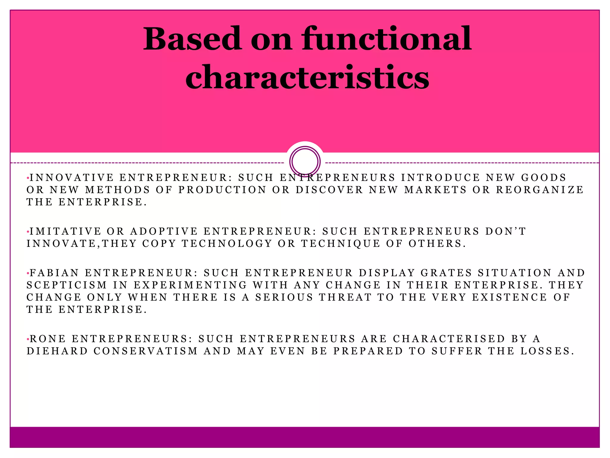 Based on functional
                           characteristics

•I N N O V A T I V E E N T R E P R E N E U R : S U C H E N T R E P R E N E U R S I N T R O D U C E N E W G O O D S
OR NEW METHODS OF PRODUCTION OR DISCOVER NEW MARKETS OR REORGANI ZE
THE ENTERPRISE.

•I M I T A T I V E O R A D O P T I V E E N T R E P R E N E U R : S U C H E N T R E P R E N E U R S D O N ’ T
INNOVATE,THEY COPY TECHNOLOGY OR TECHNIQUE OF OTHERS.

•F A B I A N E N T R E P R E N E U R : S U C H E N T R E P R E N E U R D I S P L A Y G R A T E S S I T U A T I O N A N D
SCEPTICISM IN EXPERIMENTING WITH ANY CHANGE IN THEIR ENTERPRISE. THEY
CHANGE ONLY WHEN THERE IS A SERIOUS THREAT TO THE VERY EXISTENCE OF
THE ENTERPRISE.

•R O N E E N T R E P R E N E U R S : S U C H E N T R E P R E N E U R S A R E C H A R A C T E R I S E D B Y A
DIEHARD CONSERVATISM AND MAY EVEN BE PREPARED TO SUFFER THE LOSS ES.
 
