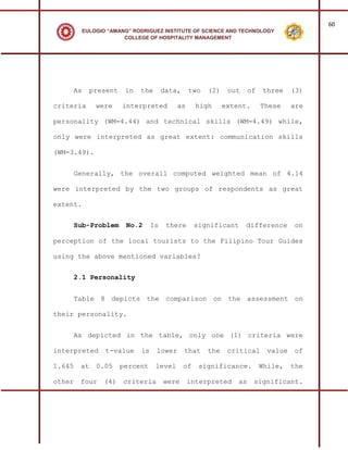 60
          EULOGIO “AMANG” RODRIGUEZ INSTITUTE OF SCIENCE AND TECHNOLOGY
                       COLLEGE OF HOSPITALITY MANAGEMENT




    As       present    in   the       data,    two    (2)    out     of   three     (3)

criteria      were     interpreted         as       high     extent.       These     are

personality (WM=4.44) and technical skills (WM=4.49) while,

only were interpreted as great extent: communication skills

(WM=3.49).


    Generally, the overall computed weighted mean of 4.14

were interpreted by the two groups of respondents as great

extent.


    Sub-Problem         No.2      Is    there       significant     difference        on

perception of the local tourists to the Filipino Tour Guides

using the above mentioned variables?


    2.1 Personality


    Table 8 depicts the comparison on the assessment on

their personality.


    As depicted in the table, only one (1) criteria were

interpreted      t-value     is    lower       that    the    critical       value    of

1.645   at    0.05     percent     level       of    significance.         While,    the

other   four     (4)   criteria        were     interpreted      as    significant.
 