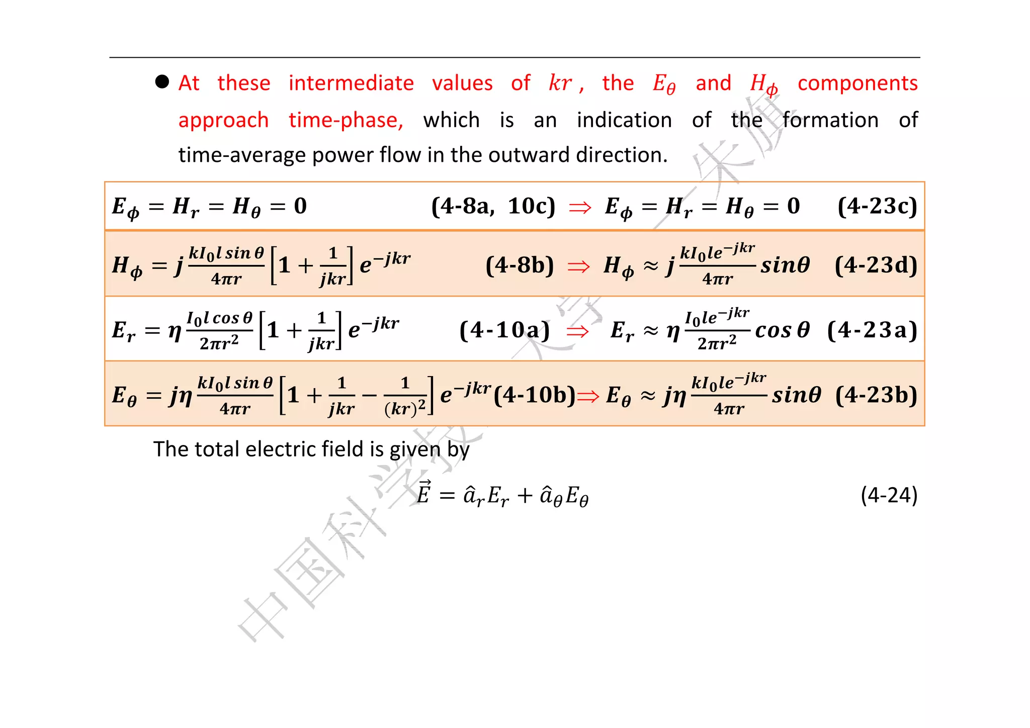  


     At  these  intermediate  values  of             ,  the       and       components 
      approach  time‐phase,  which  is  an  indication  of  the  formation  of 
      time‐average power flow in the outward direction. 

                       	 	 	 	 	 	 	 	 	 (4‐8a,	 10c)	 	                   	 	 	 (4‐23c)	

                                   	 	 	 	 	 (4‐8b)	 	                       	 (4‐23d)	

                                	 	 	 	 	 (4‐10a)	 	                        	 (4‐23a)	

                                            (4‐10b)	                         	 (4‐23b)	

    The total electric field is given by 
                                                                                  (4‐24) 
                                                                                          
                                                                                          
                                                                                          
                                                                                          
 
 