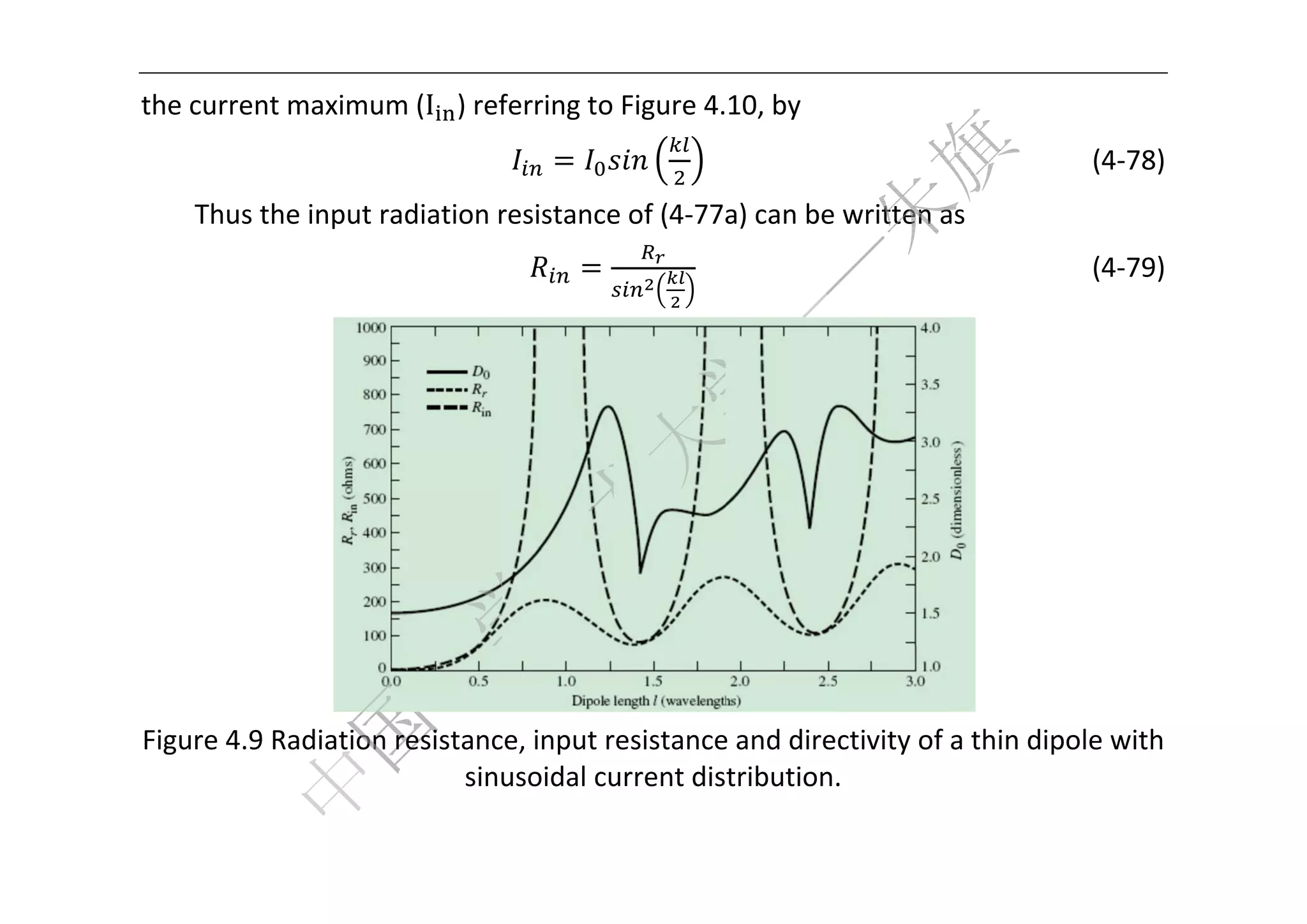 


the current maximum
                  m (I ) ref
                           ferring to Figure 4.10, by 
                                                                                 (4‐78) 
          he input ra
    Thus th         adiation r
                             resistance         a) can be written a
                                      e of (4‐77a                 as 
                                                                                  (4‐79) 




                                                                        
  gure 4.9 R
Fig        Radiation resistanc
                             ce, input r
                                       resistance
                                                e and directivity of a thin dip
                                                                              pole with 
                           sinu
                              usoidal cu
                                       urrent distribution.
                                                          . 

 
 