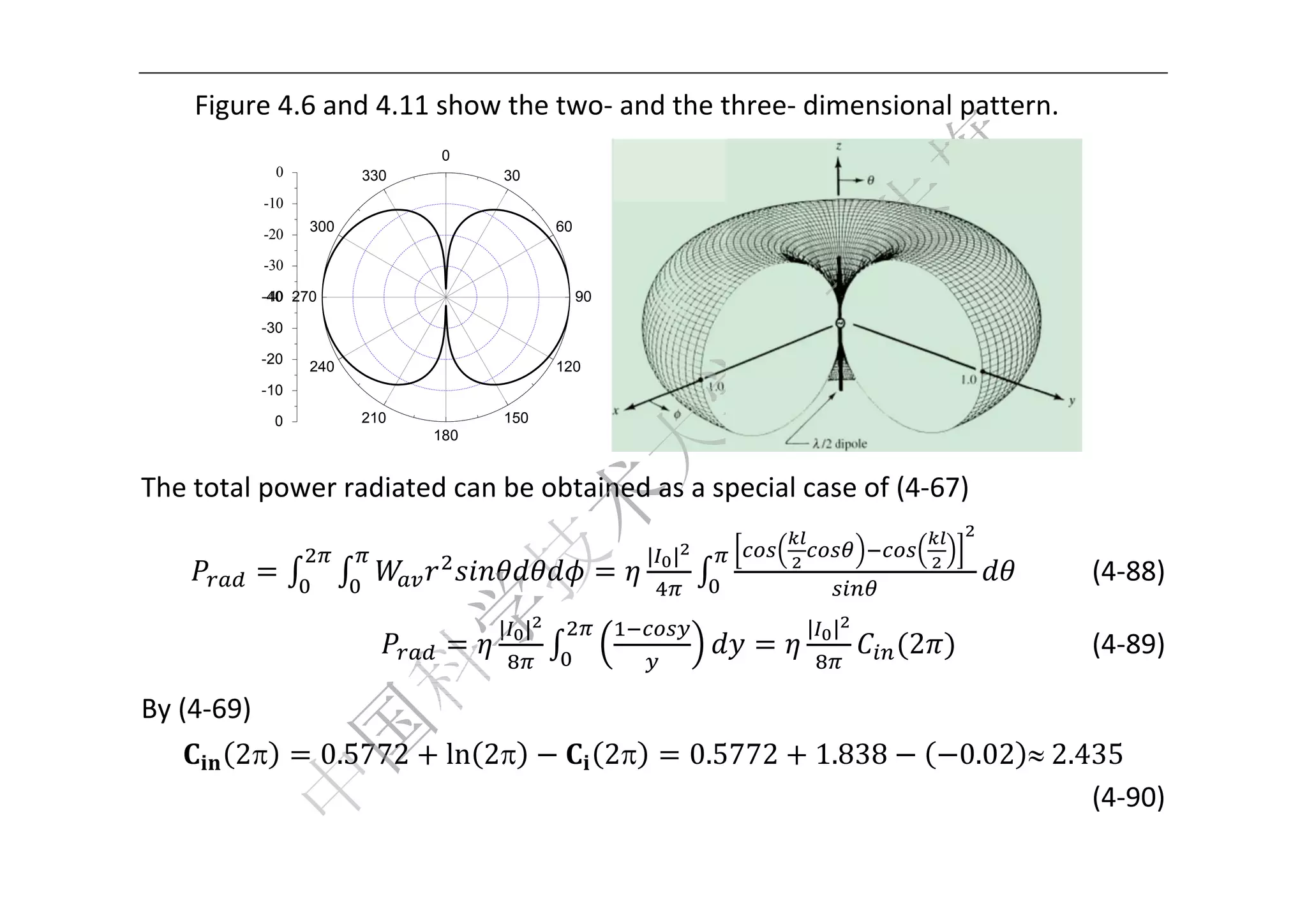  


    Figure 4
           4.6 and 4.11 show the two‐ and the t
                                              three‐ dim
                                                       mensional
                                                               l pattern.   
                                 0
              0          330          30
             -10
               0
                   300                      60
             -20
               0

             -30
               0

             -40
             -40 270
               0                                 90

             -30
               0

             -20
               0
                   240                      120
             -10
               0

              0          210          150
                                180
                                                                                                 
Th
 he total po
           ower radiated can be obtain
                                     ned as a special cas
                                                        se of (4‐67
                                                                  7) 

                                                           | |
                                                                                                  (4‐88) 
                                      | |                                 | |
                                                                                  2               (4‐89) 

By
 y (4‐69) 
        2             0.577
                           72        
                                 ln 2                2
                                                      2          0.5
                                                                   5772   1.838       0.02 	2
                                                                                             2.435  
                                                                                                 (4‐90) 
 
 