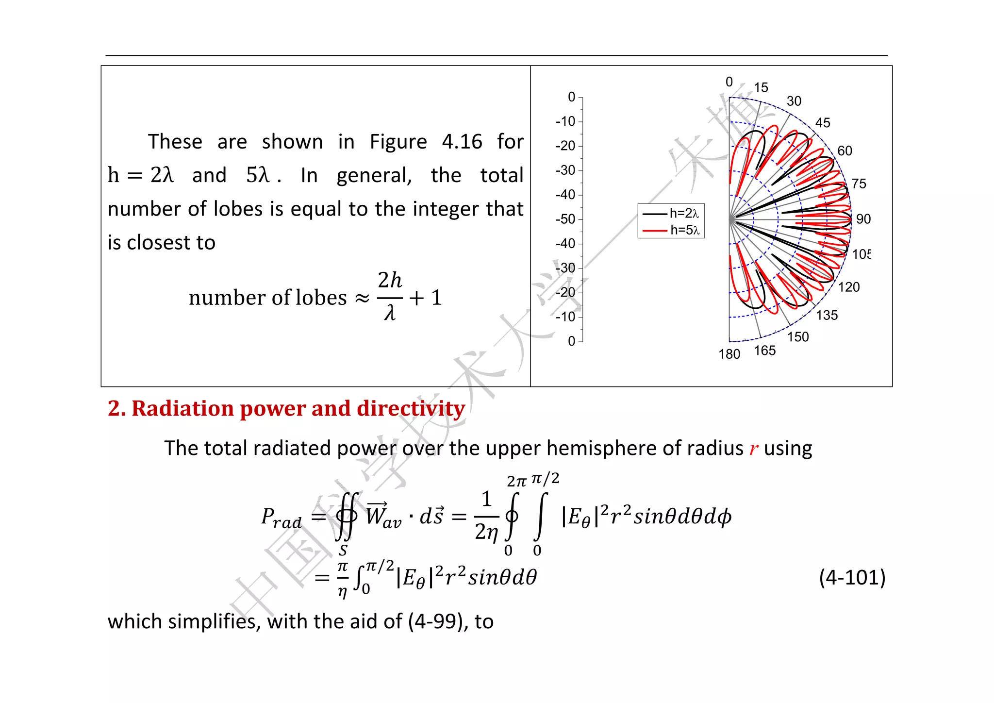  


                                                                              0    15
                                                               0                        30
                                                           -10                                45
      These  are  shown  in  Figure  4.16  for             -20                                     60
h 2λ   and  5λ .  In  general,  the  total                 -30
                                                                                                    75
                                                           -40
number of lobes is equal to the integer that               -50         h=2                             90
                                                                       h=5
is closest to                                              -40
                                                                                                    105
                                                           -30
                              2                                                                    120
         number	of	lobes                  1                -20
                                                           -10                                135
                                                               0                        150
                                                                              180 165
                                                                                                          
2. Radiation	power	and	directivity	
      The total radiated power over the upper hemisphere of radius r using 
                                                       /
                                               1
                                      ∙                    |       |            
                                               2
                              /
                                  |       |                                      (4‐101) 
which simplifies, with the aid of (4‐99), to 
 
 