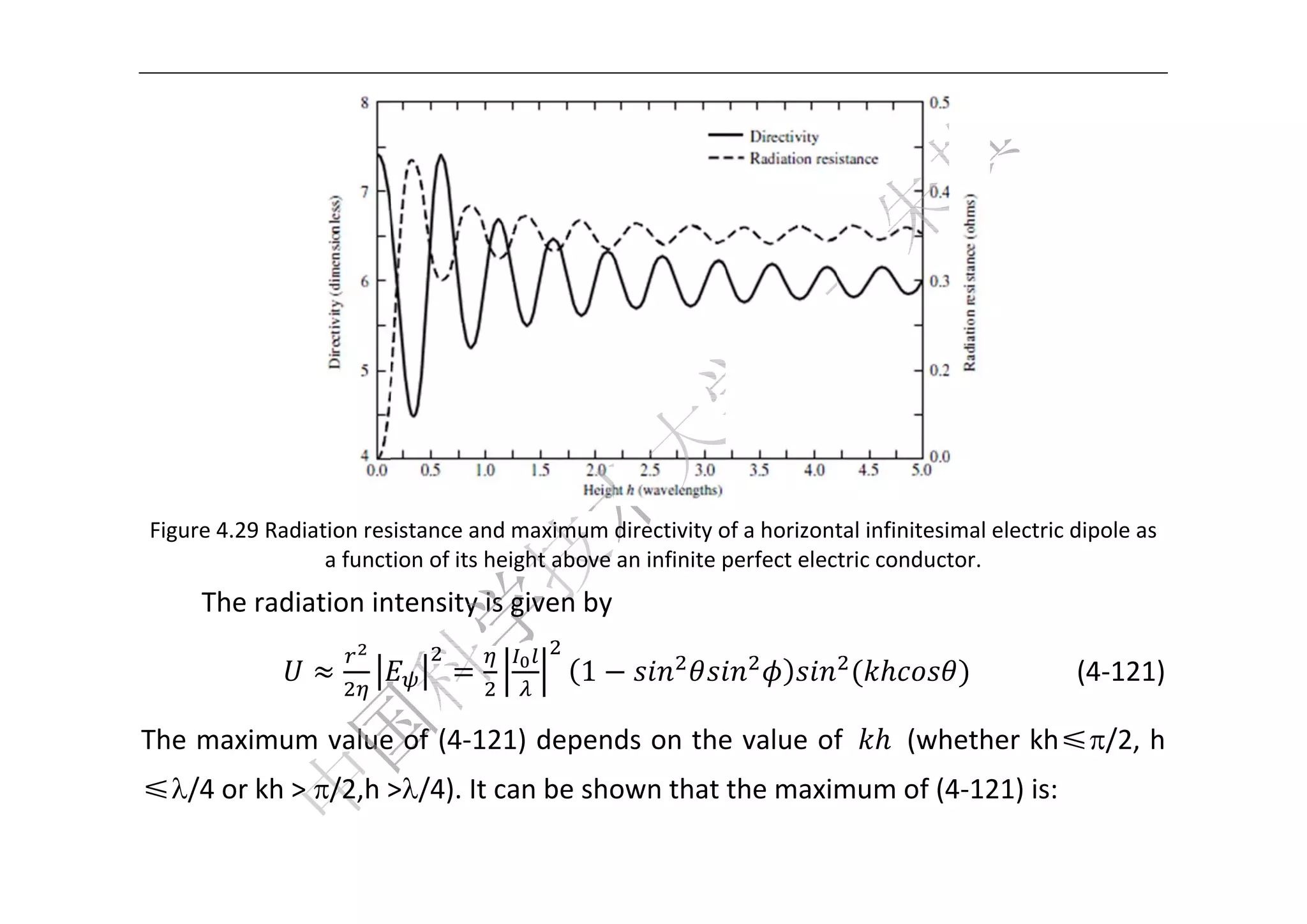  




                                                                                                
    Fig
      gure 4.29 Ra
                 adiation res
                            sistance and d maximum directivity oof a horizonttal infinitesimal electric
                                                                                                      c dipole as 
                      a funct
                            tion of its he                       perfect electric conduct
                                         eight above an infinite p                        tor. 
         The radiation in
                        ntensity is given by

                                                  1                                                       (4‐121) 

Th
 he maximum value
                e of (4‐121) depends on the
                                          e value of
                                                   f                                    hether kh≤/2, h 
                                                                                      (wh
≤/4 or kh
         h > /2,h >
                   >/4). It c
                             can be sho
                                      own that the maxim
                                                       mum of (4
                                                               4‐121) is:

 
 