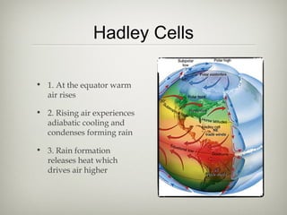 Hadley Cells

• 1. At the equator warm
  air rises

• 2. Rising air experiences
  adiabatic cooling and
  condenses forming rain

• 3. Rain formation
  releases heat which
  drives air higher
 