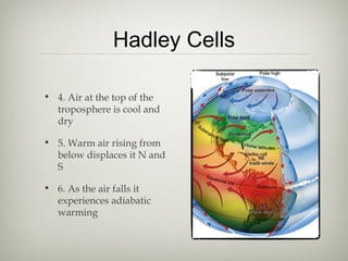 Hadley Cells

• 4. Air at the top of the
  troposphere is cool and
  dry

• 5. Warm air rising from
  below displaces it N and
  S

• 6. As the air falls it
  experiences adiabatic
  warming
 