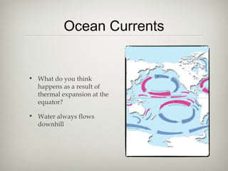 Ocean Currents


• What do you think
  happens as a result of
  thermal expansion at the
  equator?

• Water always flows
  downhill
 