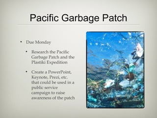 Pacific Garbage Patch

• Due Monday

  • Research the Pacific
    Garbage Patch and the
    Plastiki Expedition

  • Create a PowerPoint,
    Keynote, Prezi, etc.
    that could be used in a
    public service
    campaign to raise
    awareness of the patch
 