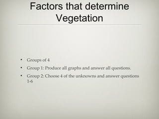 Factors that determine
          Vegetation



•   Groups of 4
•   Group 1: Produce all graphs and answer all questions.
•   Group 2: Choose 4 of the unknowns and answer questions
    1-6
 