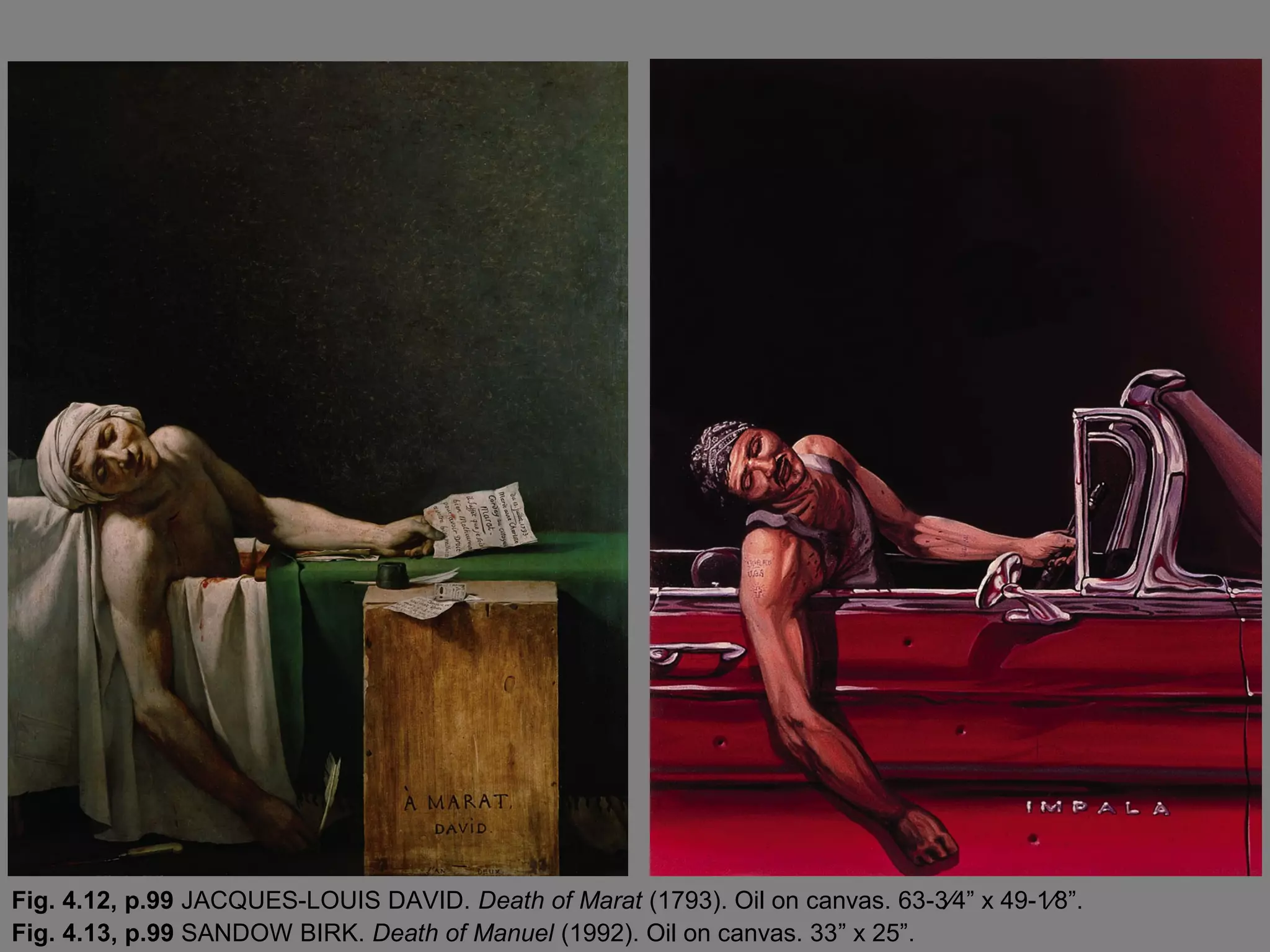 Fig. 4.12, p.99 JACQUES-LOUIS DAVID. Death of Marat (1793). Oil on canvas. 63-3⁄4” x 49-1⁄8”.
Fig. 4.13, p.99 SANDOW BIRK. Death of Manuel (1992). Oil on canvas. 33” x 25”.
 