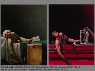Fig. 4.12, p.99 JACQUES-LOUIS DAVID. Death of Marat (1793). Oil on canvas. 63-3⁄4” x 49-1⁄8”.
Fig. 4.13, p.99 SANDOW BIRK. Death of Manuel (1992). Oil on canvas. 33” x 25”.
 