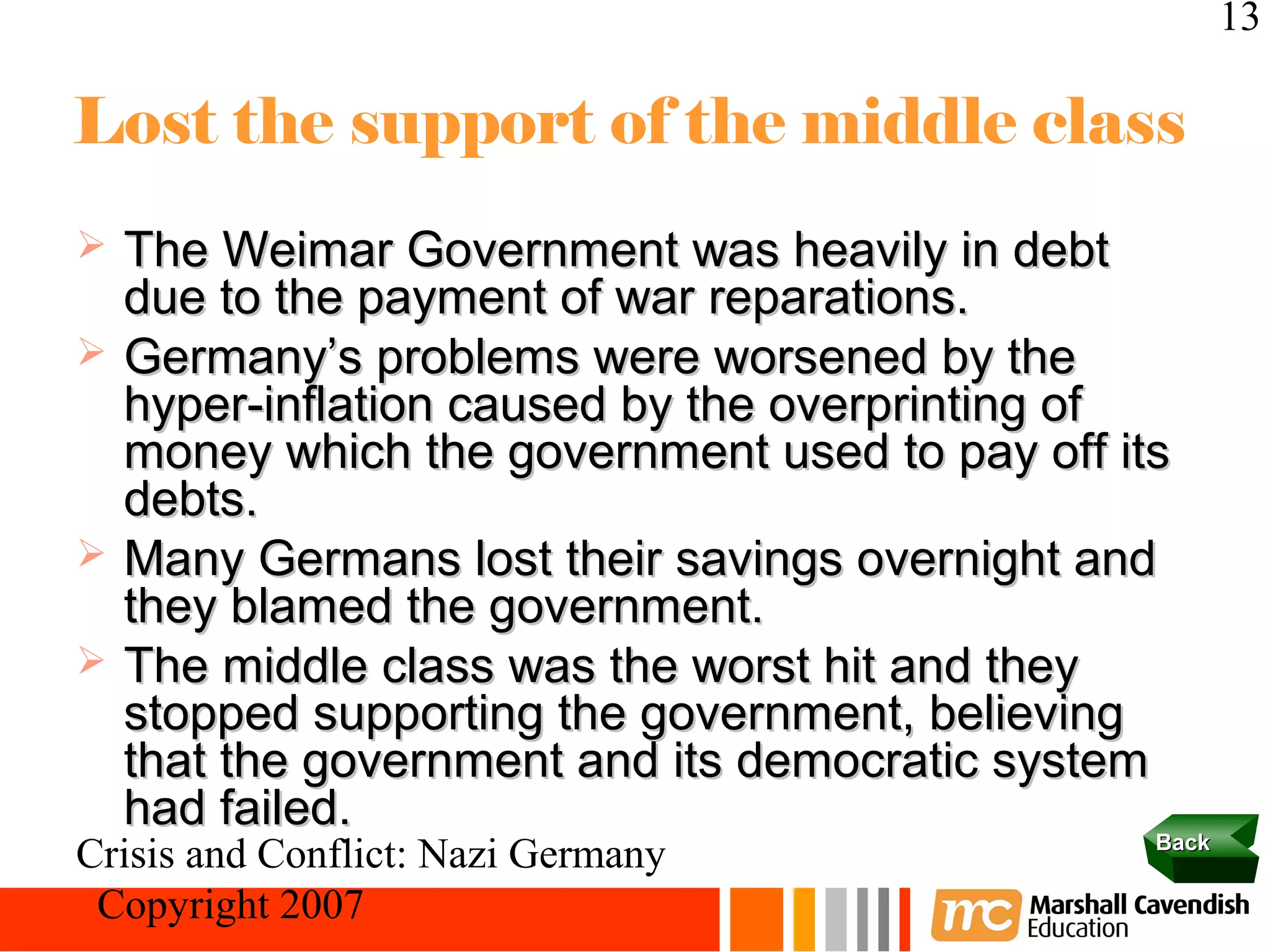 13

Lost the support of the middle class
   The Weimar Government was heavily in debt
    due to the payment of war reparations.
   Germany’s problems were worsened by the
    hyper-inflation caused by the overprinting of
    money which the government used to pay off its
    debts.
   Many Germans lost their savings overnight and
    they blamed the government.
   The middle class was the worst hit and they
    stopped supporting the government, believing
    that the government and its democratic system
    had failed.
                                                  Back
Crisis and Conflict: Nazi Germany
 Copyright 2007
 