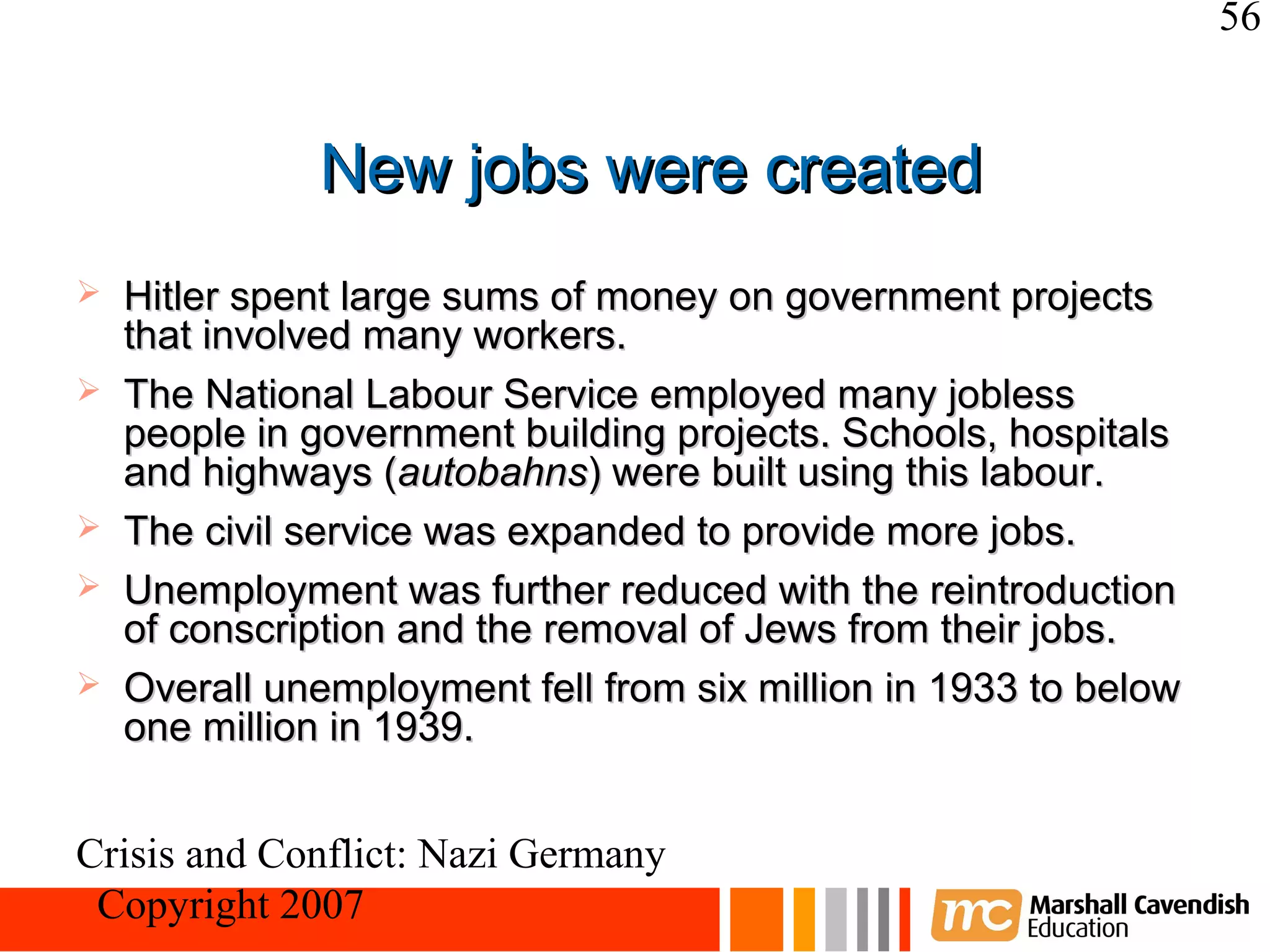 56


              New jobs were created
   Hitler spent large sums of money on government projects
    that involved many workers.
   The National Labour Service employed many jobless
    people in government building projects. Schools, hospitals
    and highways (autobahns) were built using this labour.
   The civil service was expanded to provide more jobs.
   Unemployment was further reduced with the reintroduction
    of conscription and the removal of Jews from their jobs.
   Overall unemployment fell from six million in 1933 to below
    one million in 1939.


Crisis and Conflict: Nazi Germany
 Copyright 2007
 
