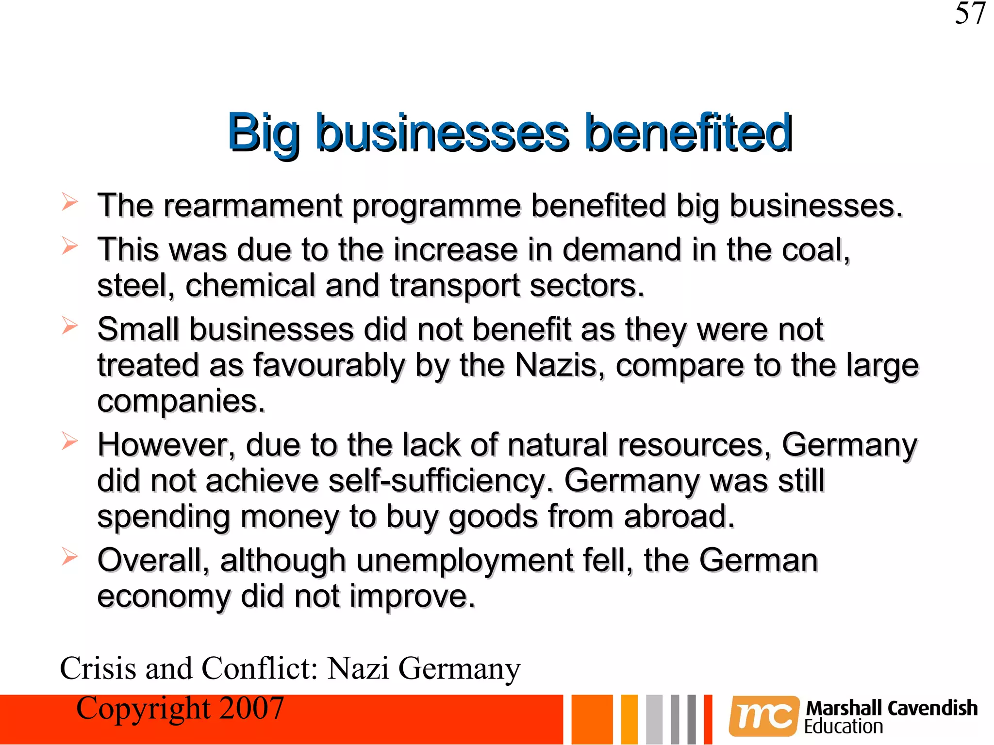 57


            Big businesses benefited
   The rearmament programme benefited big businesses.
   This was due to the increase in demand in the coal,
    steel, chemical and transport sectors.
   Small businesses did not benefit as they were not
    treated as favourably by the Nazis, compare to the large
    companies.
   However, due to the lack of natural resources, Germany
    did not achieve self-sufficiency. Germany was still
    spending money to buy goods from abroad.
   Overall, although unemployment fell, the German
    economy did not improve.

Crisis and Conflict: Nazi Germany
 Copyright 2007
 