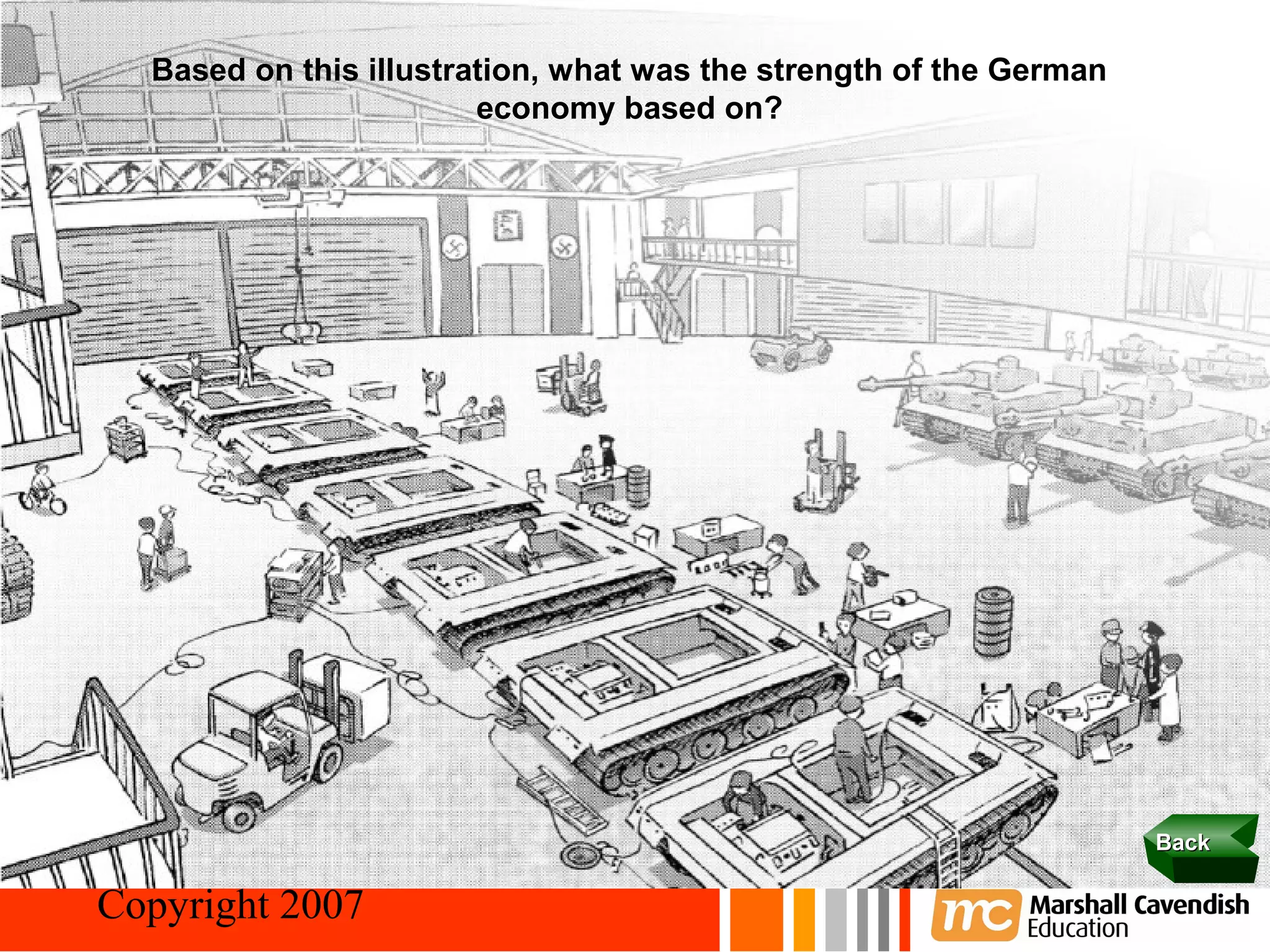 58
    Based on this illustration, what was the strength of the German
                          economy based on?




                                                                      Back
Crisis and Conflict: Nazi Germany
 Copyright 2007
 