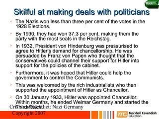 Back 23

    Skilful at making deals with politicians
 The Nazis won less than three per cent of the votes in the
  1928 Elections.
 By 1930, they had won 37.3 per cent, making them the
  party with the most seats in the Reichstag.
 In 1932, President von Hindenburg was pressurised to
  agree to Hitler’s demand for chancellorship. He was
  persuaded by Franz von Papen who thought that the
  conservatives could channel their support for Hitler into
  support for the policies of the cabinet.
 Furthermore, it was hoped that Hitler could help the
  government to control the Communists.
 This was welcomed by the rich industrialists who then
  supported the appointment of Hitler as Chancellor.
 On 30 January 1933, Hitler was appointed Chancellor.
  Within months, he ended Weimar Germany and started the
Crisis and Conflict: Nazi Germany
  Third Reich.
 Copyright 2007
 