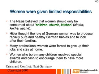 46


    Women were given limited responsibilities

   The Nazis believed that women should only be
    concerned about ‘children, church, kitchen’ (kinder,
    kirche, kuche).
   Hitler thought the role of German women was to produce
    racially pure and healthy German babies and to look
    after their families.
   Many professional women were forced to give up their
    jobs and stay at home.
 Women who bore many children received special
  awards and cash to encourage them to have more
  children.
Crisis and Conflict: Nazi Germany
 Copyright 2007
 