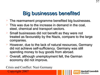 57


            Big businesses benefited
   The rearmament programme benefited big businesses.
   This was due to the increase in demand in the coal,
    steel, chemical and transport sectors.
   Small businesses did not benefit as they were not
    treated as favourably by the Nazis, compare to the large
    companies.
   However, due to the lack of natural resources, Germany
    did not achieve self-sufficiency. Germany was still
    spending money to buy goods from abroad.
   Overall, although unemployment fell, the German
    economy did not improve.

Crisis and Conflict: Nazi Germany
 Copyright 2007
 