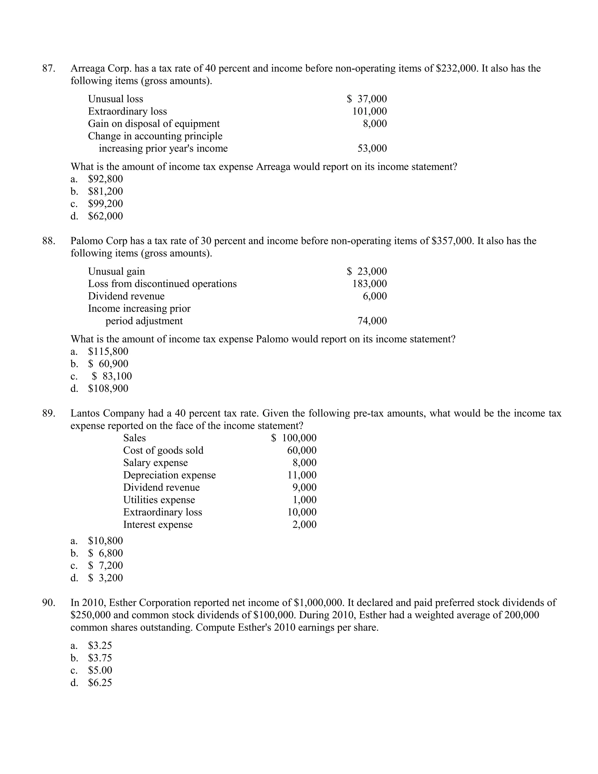 87.   Arreaga Corp. has a tax rate of 40 percent and income before non-operating items of $232,000. It also has the
      following items (gross amounts).
           Unusual loss                                               $ 37,000
           Extraordinary loss                                          101,000
           Gain on disposal of equipment                                 8,000
           Change in accounting principle
             increasing prior year's income                             53,000
      What is the amount of income tax expense Arreaga would report on its income statement?
      a. $92,800
      b. $81,200
      c. $99,200
      d. $62,000

88.   Palomo Corp has a tax rate of 30 percent and income before non-operating items of $357,000. It also has the
      following items (gross amounts).
           Unusual gain                                               $ 23,000
           Loss from discontinued operations                           183,000
           Dividend revenue                                              6,000
           Income increasing prior
               period adjustment                                        74,000
      What is the amount of income tax expense Palomo would report on its income statement?
      a. $115,800
      b. $ 60,900
      c. $ 83,100
      d. $108,900

89.   Lantos Company had a 40 percent tax rate. Given the following pre-tax amounts, what would be the income tax
      expense reported on the face of the income statement?
                 Sales                               $ 100,000
                 Cost of goods sold                     60,000
                 Salary expense                          8,000
                 Depreciation expense                   11,000
                 Dividend revenue                        9,000
                 Utilities expense                       1,000
                 Extraordinary loss                     10,000
                 Interest expense                        2,000
      a.   $10,800
      b.   $ 6,800
      c.   $ 7,200
      d.   $ 3,200

90.   In 2010, Esther Corporation reported net income of $1,000,000. It declared and paid preferred stock dividends of
      $250,000 and common stock dividends of $100,000. During 2010, Esther had a weighted average of 200,000
      common shares outstanding. Compute Esther's 2010 earnings per share.
      a.   $3.25
      b.   $3.75
      c.   $5.00
      d.   $6.25
 