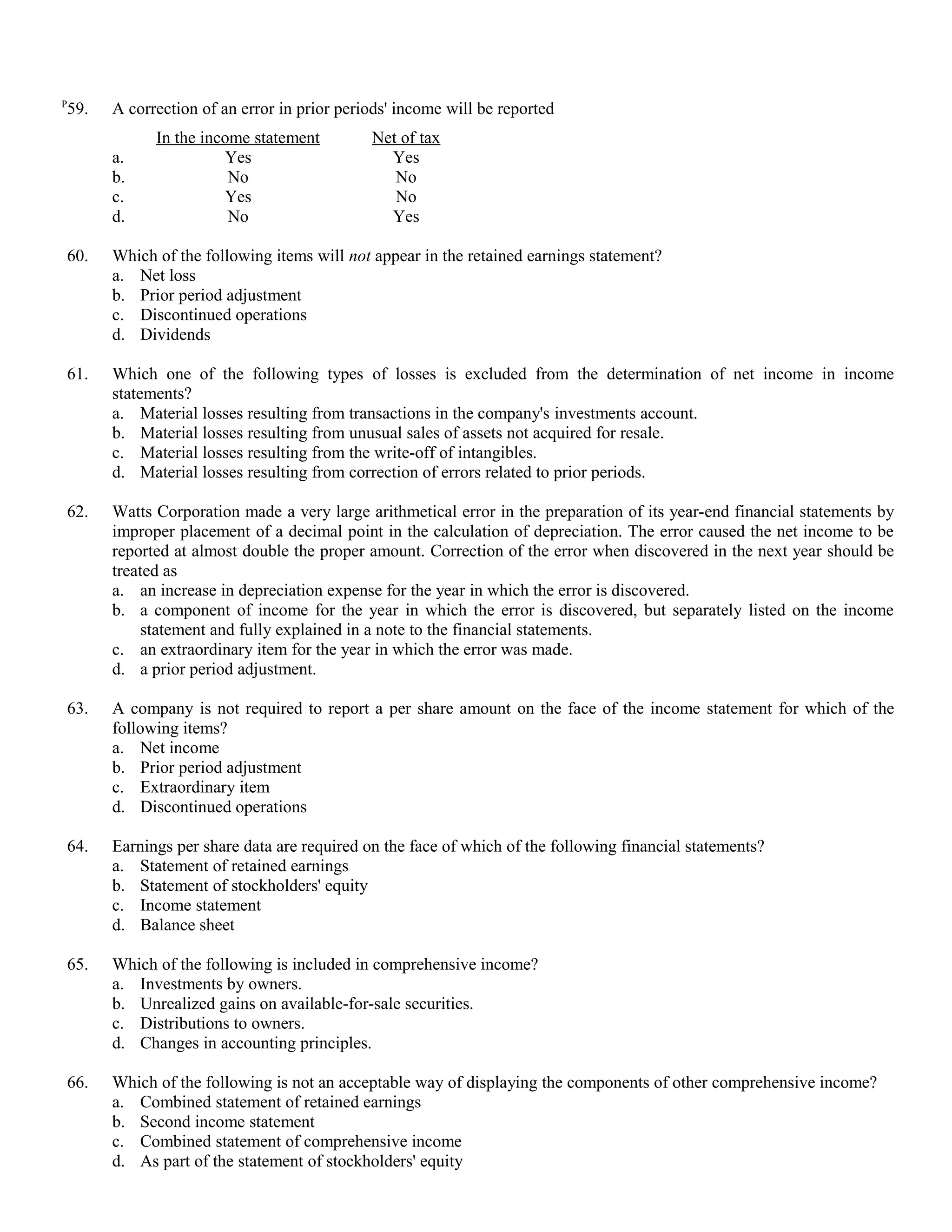 P
59.   A correction of an error in prior periods' income will be reported
            In the income statement         Net of tax
      a.              Yes                     Yes
      b.               No                      No
      c.              Yes                      No
      d.               No                     Yes

60.   Which of the following items will not appear in the retained earnings statement?
      a. Net loss
      b. Prior period adjustment
      c. Discontinued operations
      d. Dividends

61.   Which one of the following types of losses is excluded from the determination of net income in income
      statements?
      a. Material losses resulting from transactions in the company's investments account.
      b. Material losses resulting from unusual sales of assets not acquired for resale.
      c. Material losses resulting from the write-off of intangibles.
      d. Material losses resulting from correction of errors related to prior periods.

62.   Watts Corporation made a very large arithmetical error in the preparation of its year-end financial statements by
      improper placement of a decimal point in the calculation of depreciation. The error caused the net income to be
      reported at almost double the proper amount. Correction of the error when discovered in the next year should be
      treated as
      a. an increase in depreciation expense for the year in which the error is discovered.
      b. a component of income for the year in which the error is discovered, but separately listed on the income
          statement and fully explained in a note to the financial statements.
      c. an extraordinary item for the year in which the error was made.
      d. a prior period adjustment.

63.   A company is not required to report a per share amount on the face of the income statement for which of the
      following items?
      a. Net income
      b. Prior period adjustment
      c. Extraordinary item
      d. Discontinued operations

64.   Earnings per share data are required on the face of which of the following financial statements?
      a. Statement of retained earnings
      b. Statement of stockholders' equity
      c. Income statement
      d. Balance sheet

65.   Which of the following is included in comprehensive income?
      a. Investments by owners.
      b. Unrealized gains on available-for-sale securities.
      c. Distributions to owners.
      d. Changes in accounting principles.

66.   Which of the following is not an acceptable way of displaying the components of other comprehensive income?
      a. Combined statement of retained earnings
      b. Second income statement
      c. Combined statement of comprehensive income
      d. As part of the statement of stockholders' equity
 