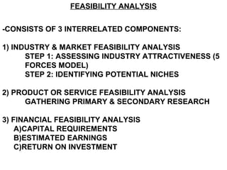 FEASIBILITY ANALYSIS


-CONSISTS OF 3 INTERRELATED COMPONENTS:

1) INDUSTRY & MARKET FEASIBILITY ANALYSIS
      STEP 1: ASSESSING INDUSTRY ATTRACTIVENESS (5
      FORCES MODEL)
      STEP 2: IDENTIFYING POTENTIAL NICHES

2) PRODUCT OR SERVICE FEASIBILITY ANALYSIS
      GATHERING PRIMARY & SECONDARY RESEARCH

3) FINANCIAL FEASIBILITY ANALYSIS
    A)CAPITAL REQUIREMENTS
    B)ESTIMATED EARNINGS
    C)RETURN ON INVESTMENT
 