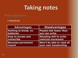 Taking notes
22
 Notebook
Pros and cons
 